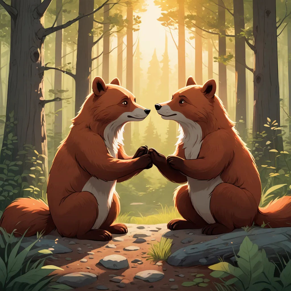 two foxes sitting on a rock in a forest, facing each other with their hands together, with the sun shining through the trees, furry art, a storybook illustration, Chris LaBrooy, official art
