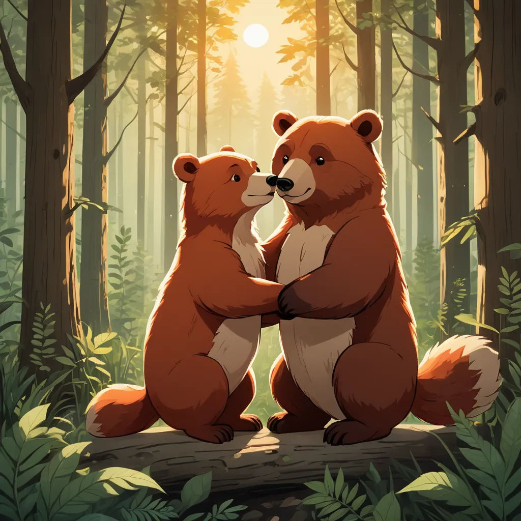 two bears are sitting on a log in the woods, hugging each other with their paws, with the sun shining through the trees behind them, furry art, a storybook illustration, Chris LaBrooy, official art