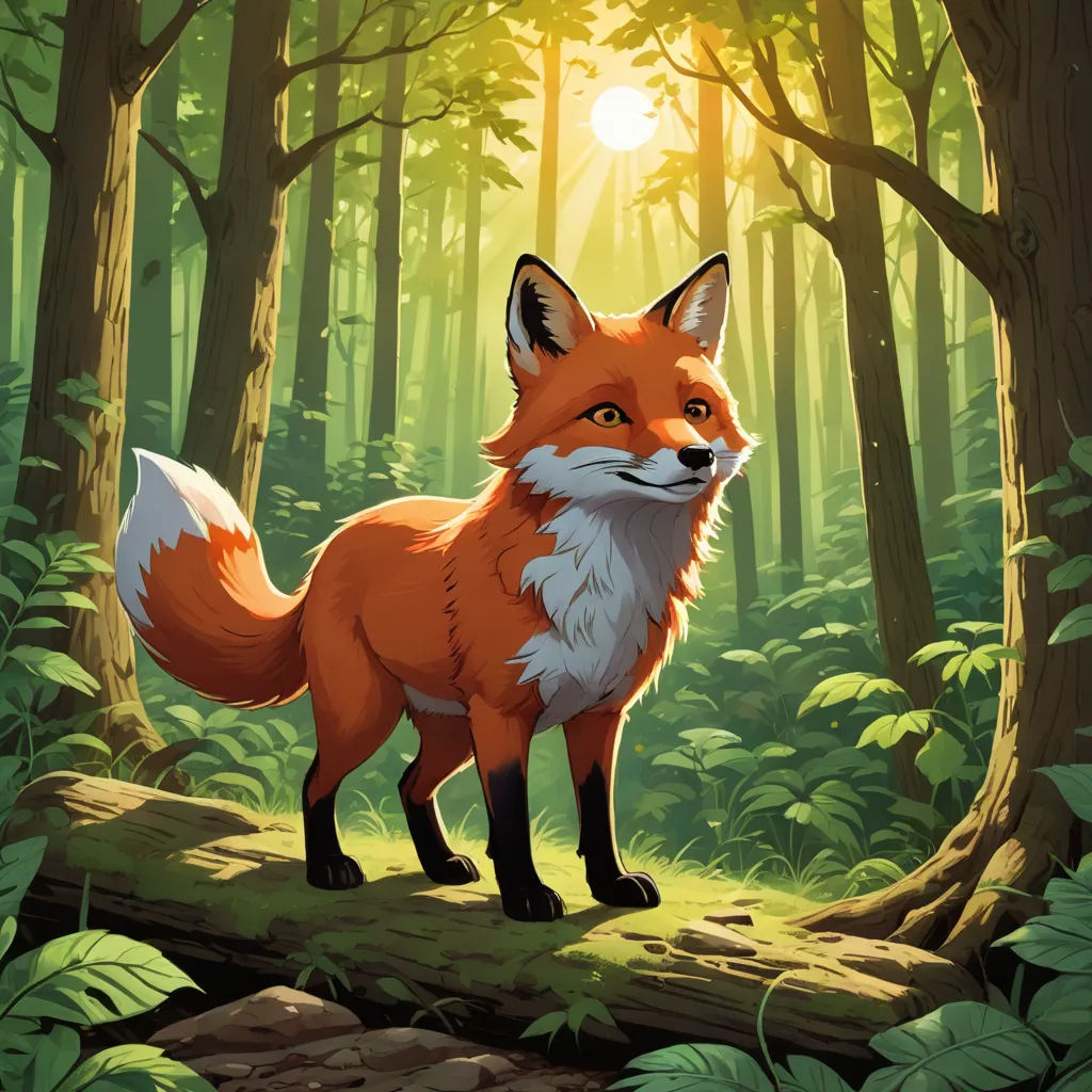 a fox standing on a log in a forest with sunlight shining through the trees and leaves on the ground, furry art, a storybook illustration, Chris LaBrooy, official art
