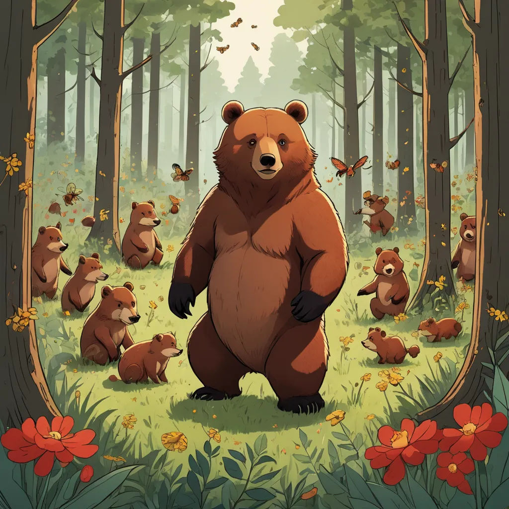 a bear standing in a forest surrounded by other bears and butterflies, with a forest background with red flowers, environmental art, a storybook illustration, Chris LaBrooy, official art