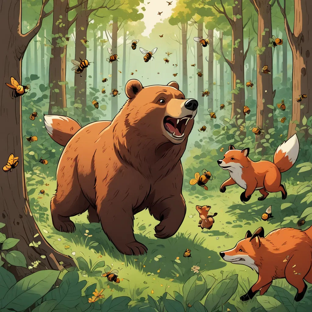 a bear and two foxes in a forest with bees flying around them and a tree with leaves on it, furry art, a storybook illustration, Brom, storybook illustration