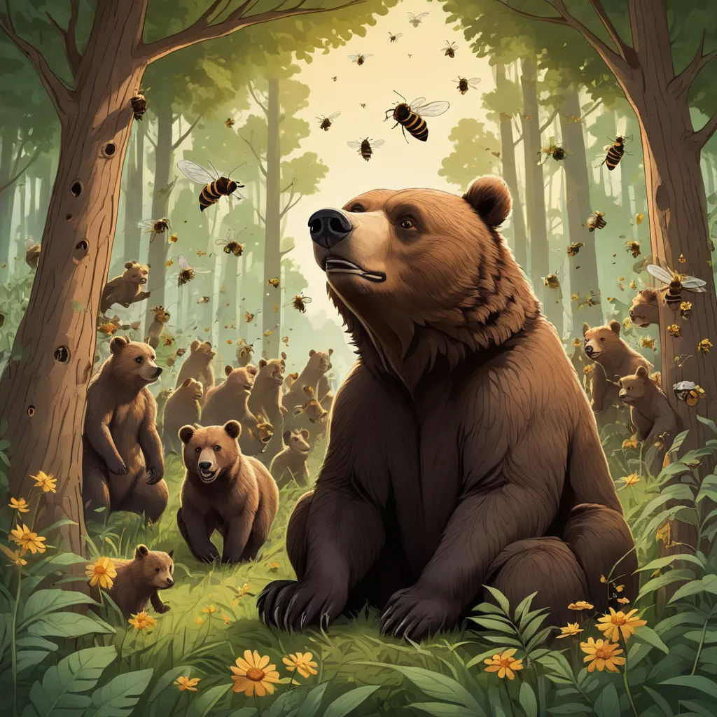 a bear and her cubs in a forest with bees flying overhead and a honeybee on the ground in the foreground, furry art, a storybook illustration, Chris LaBrooy, official art