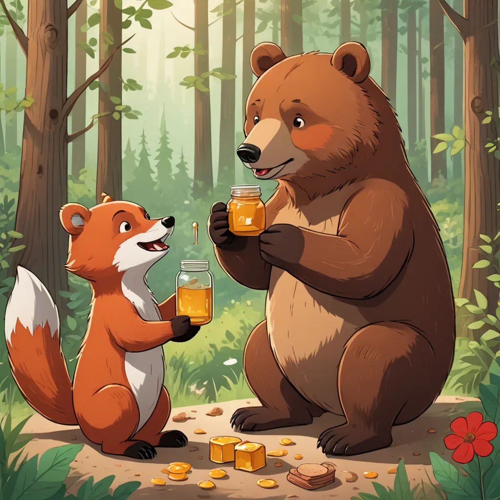 a bear and a fox are sharing a glass of honey in the woods with a forest background with flowers, furry art, a storybook illustration, Brom, storybook illustration