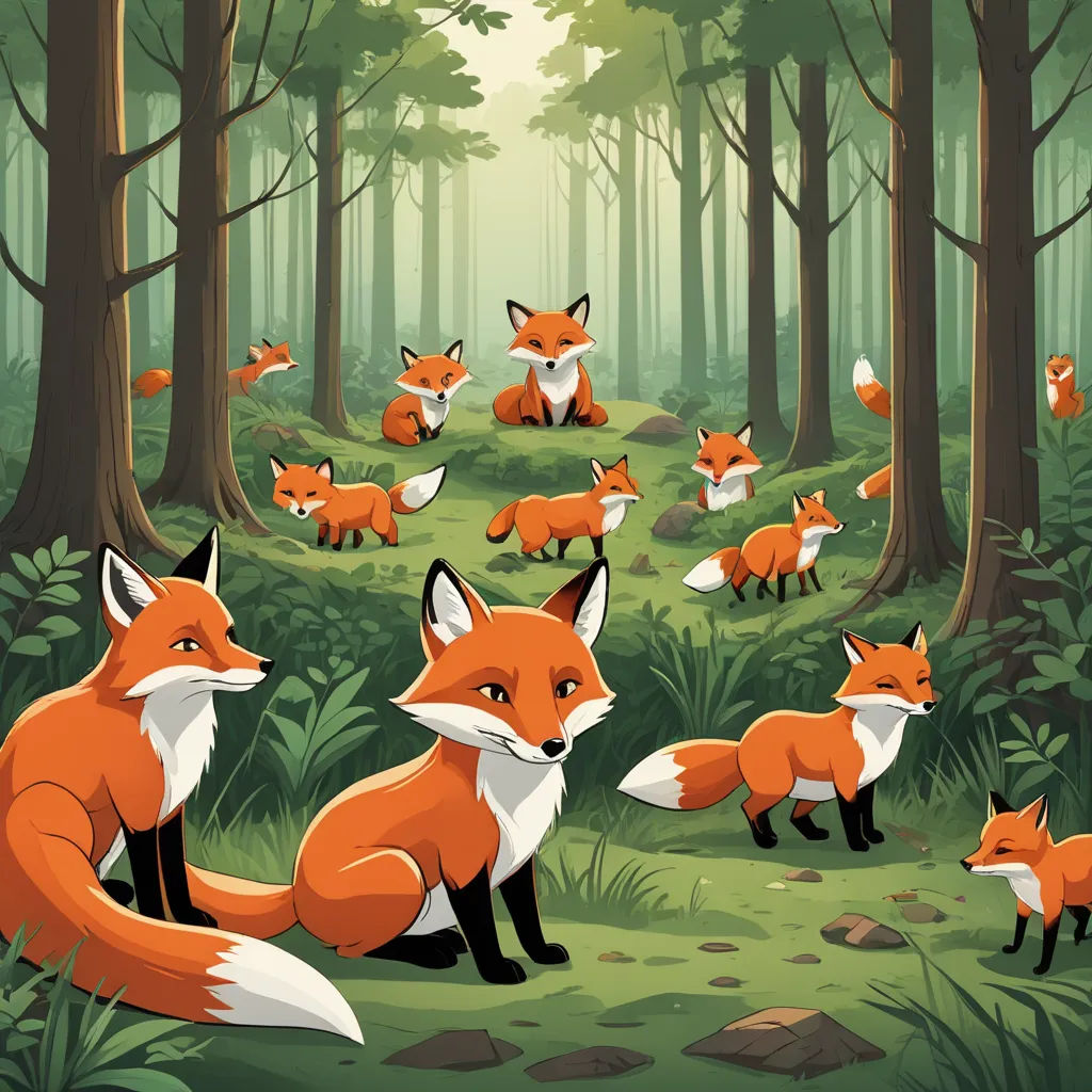 a group of foxes in a forest with trees and grass and rocks and rocks on the ground, with a path leading to them, furry art, a storybook illustration, Dan Mumford, furaffinity