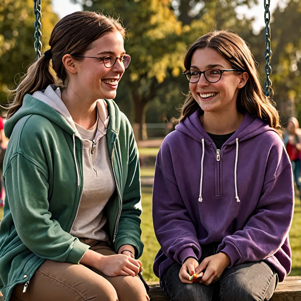 two girls sitting on a swing in a park smiling at each other while one girl holds a piece of fruit, vancouver school, a stock photo, Brigette Barrager, promotional image
