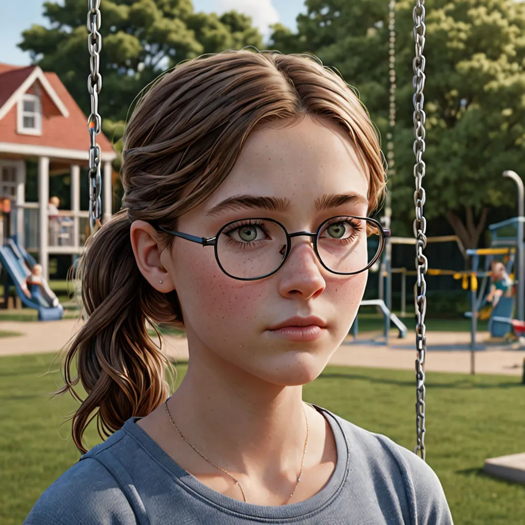 a girl with glasses on a swing in a park with a house in the background and a playground in the foreground, photorealism, computer graphics, Doc Hammer, unreal engine 5 quality render