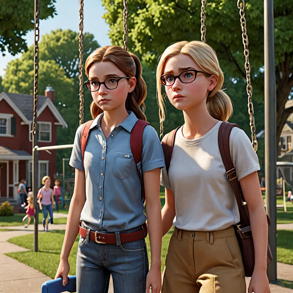 two girls standing on a swing in a park with a house in the background and a playground in the foreground, antipodeans, concept art, disney, unreal 5