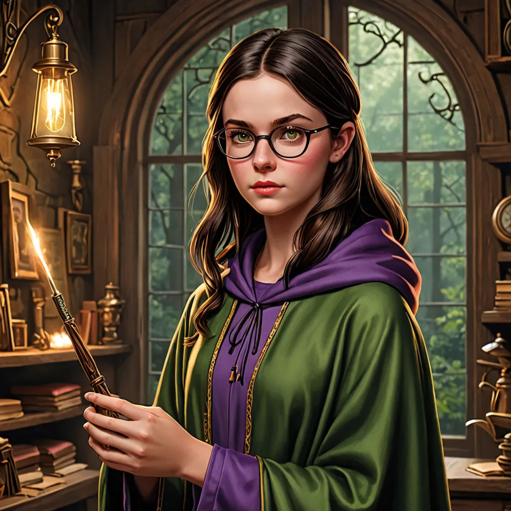 a woman in a green robe holding a wand in a room with a window and a lamp on the wall, fantasy art, a character portrait, Anne Stokes, official art