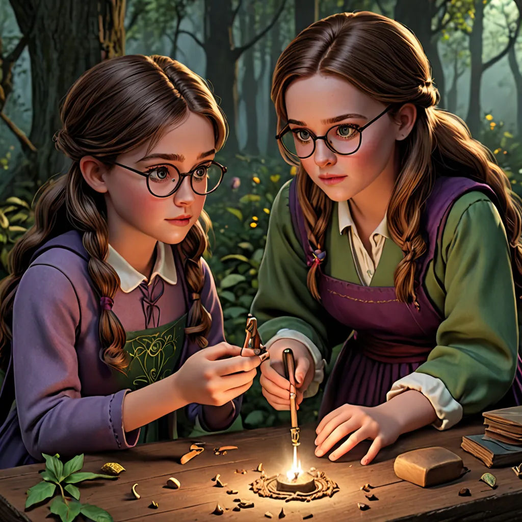 two girls are working on a piece of art in the woods, one of them is lighting a candle, sots art, a storybook illustration, Brothers Hildebrandt, official art
