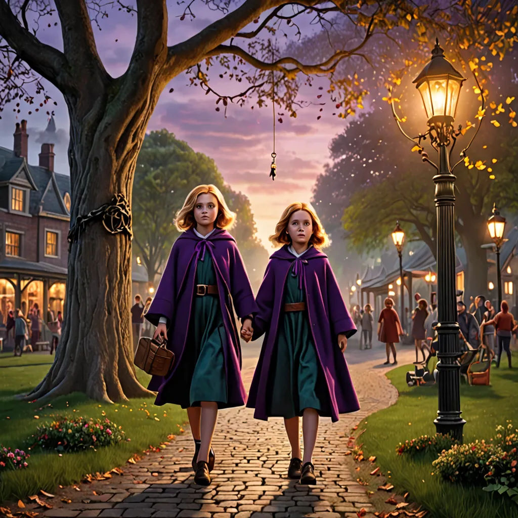 two girls walking down a street holding hands and holding hands with a lamp post in the background and a tree in the foreground, magic realism, a detailed matte painting, Bob Byerley, official art