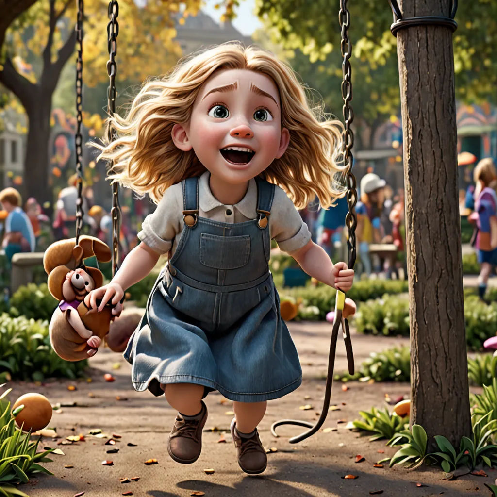 a cartoon girl swinging on a swing with a teddy bear in her hand and a stuffed bear in her other hand, photorealism, a detailed matte painting, disney, pixar and disney animation
