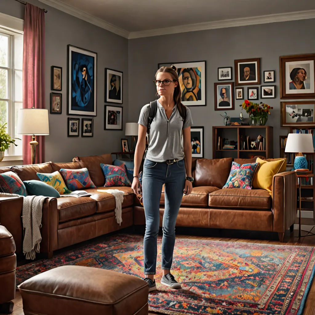 a woman standing in a living room next to a couch and a rug with a colorful design on it, american barbizon school, a photorealistic painting, Claire Hummel, promotional image