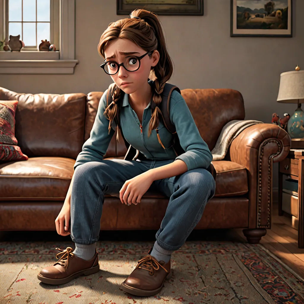 a woman sitting on a couch in a living room next to a window with a cat on the floor, photorealism, a character portrait, Elisabeth Collins, pixar and disney animation