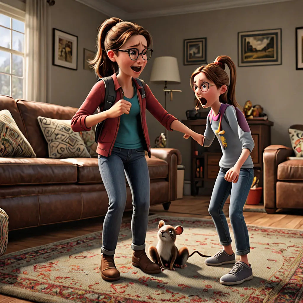 a cartoon picture of two girls playing with a cat and mouse in a living room with a couch and a rug, photorealism, concept art, disney, promotional image