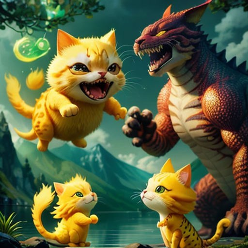 a group of cats that are standing in the grass with a dragon in the background and a cat on the ground