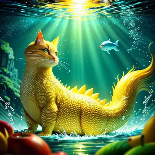 a cat sitting on top of a body of water next to a fish and a fish bowl with a fish