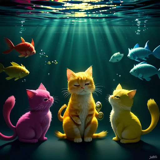 a group of cats sitting on top of a table under water with fish around them and a light shining on the floor