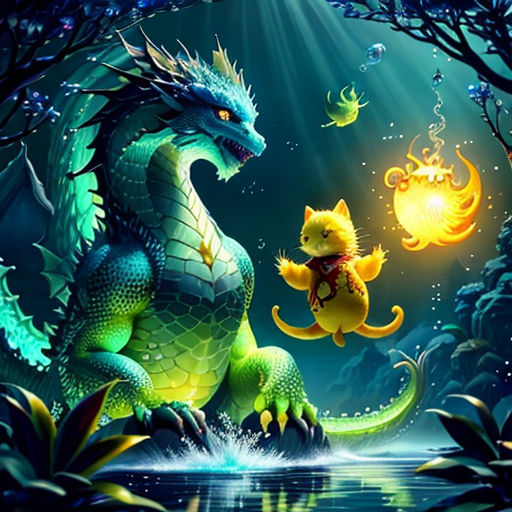 a dragon and a cat are in the water by a tree with leaves and a light shining on it