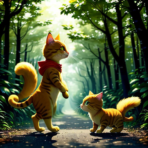 a cat and a kitten walking down a road in the woods with trees and leaves on either side of the road