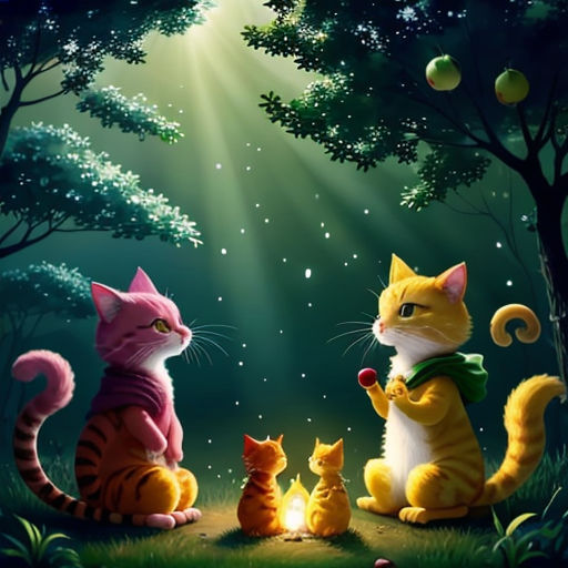 a painting of cats sitting in the grass with a light shining on them and a cat standing next to them
