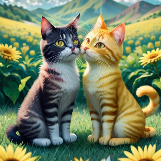 a painting of two cats sitting in a field of sunflowers with mountains in the background and a sky with clouds