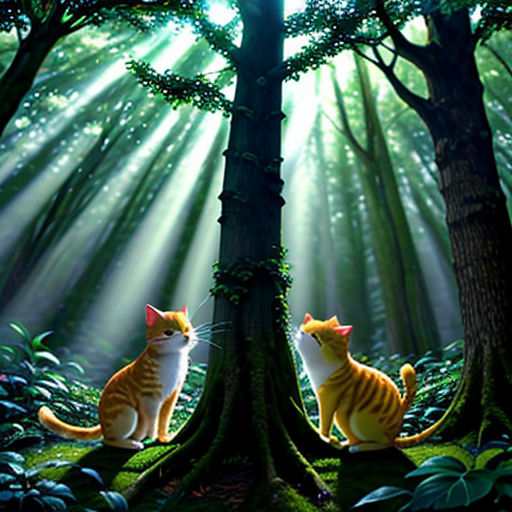 two cats sitting in the middle of a forest with sunlight streaming through the trees and leaves on the ground
