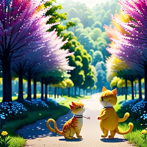 two cats sitting on a road in the middle of a forest with trees and flowers on either side of the road