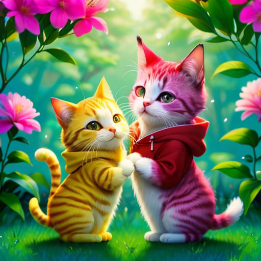 two cats are standing in the grass with flowers in the background and one cat is holding the other's hand