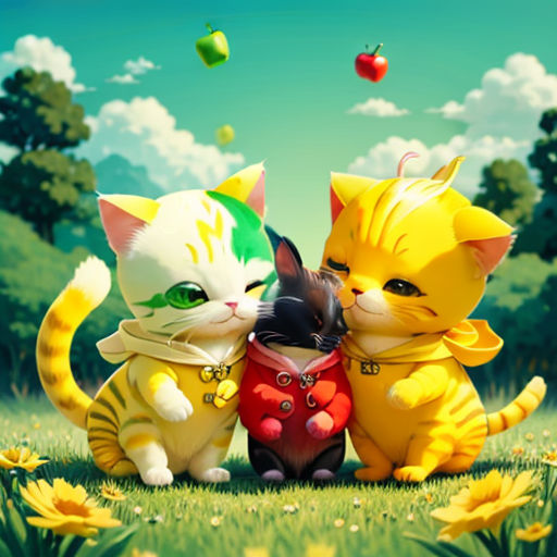 a couple of cats sitting next to each other on a field of flowers and grass with a sky background