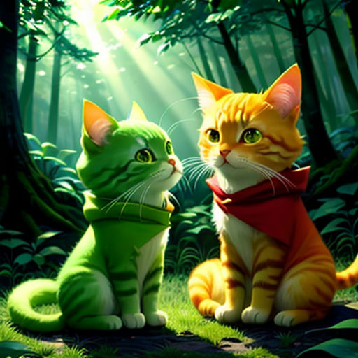 two cats sitting in the woods with sunlight shining through the trees behind them and a green background with a red scarf