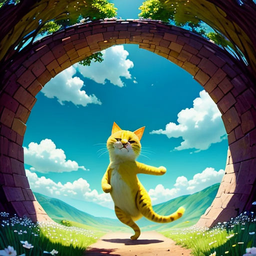 a cat is running through a tunnel in the sky with clouds and flowers on the ground, and a blue sky with clouds and a few white clouds