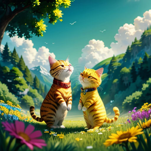 two cats sitting in the grass with a tree in the background and a mountain in the background with clouds
