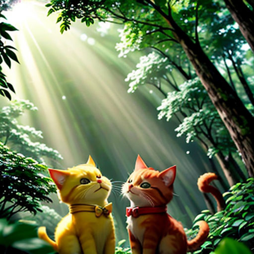 two cats sitting in the middle of a forest with sunlight streaming through the trees and leaves on the ground