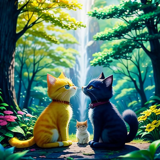two cats sitting in the woods with a waterfall in the background and a waterfall in the background, with a waterfall in the background