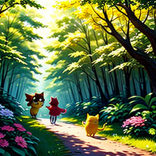 a painting of two cats walking down a forest path with flowers and trees on either side of the path