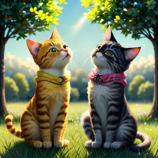 two cats sitting in the grass looking up at the sky with trees in the background and a sky with clouds