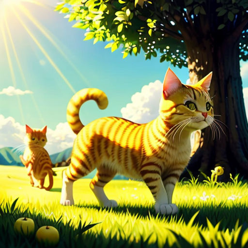 a cat and a kitten are walking in the grass near a tree and some balls in the grass are in the foreground