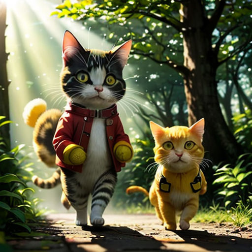 a cat and a cat in a red jacket walking down a path in the woods with sunlight streaming through the trees