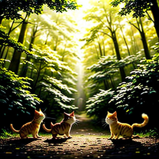 three cats are sitting on a path in the woods looking at the sun through the trees and the trees