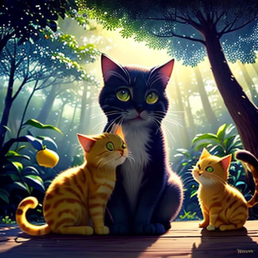 a painting of two cats sitting on a wooden floor in the woods with a forest background and a sun shining through the trees