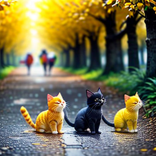 three cats sitting on a road in the middle of a park with trees and people walking by on a sunny day
