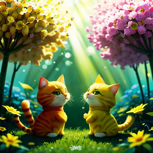 two cats sitting in the grass near flowers and trees with sunlight shining through the leaves and flowers on the ground