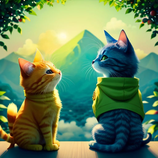 two cats sitting on a table with a mountain in the background and a forest in the foreground, with a sun shining through the trees