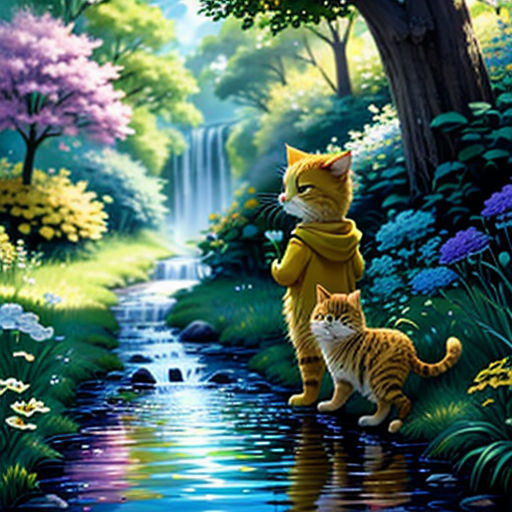 a painting of two cats standing on a river bank in the woods with a waterfall in the background and a waterfall in the foreground