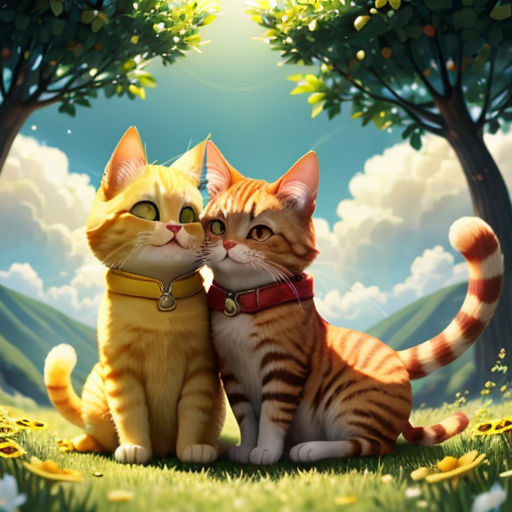 two cats sitting next to each other in a field of grass and trees with a sky background and sun shining through the clouds