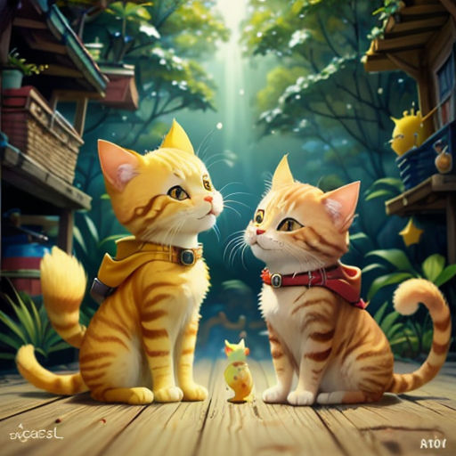 two cats sitting on a wooden floor in front of a forest background with a bird and a birdhouse