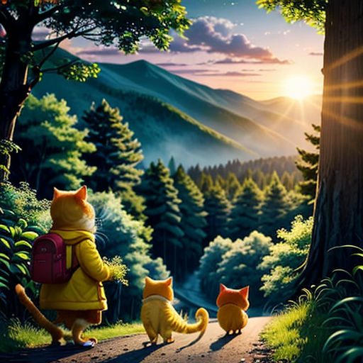a painting of a cat and two kittens walking down a road in the woods at sunset with a mountain in the background
