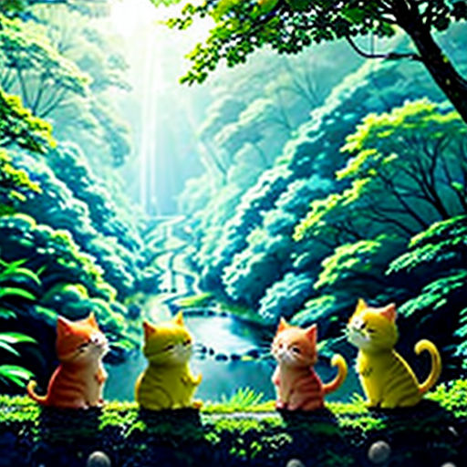 a group of cats sitting on top of a lush green forest next to a river in the middle of a forest