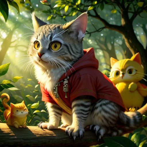 a cat in a red shirt sitting on a tree branch with two cats in the background and a bird in the foreground
