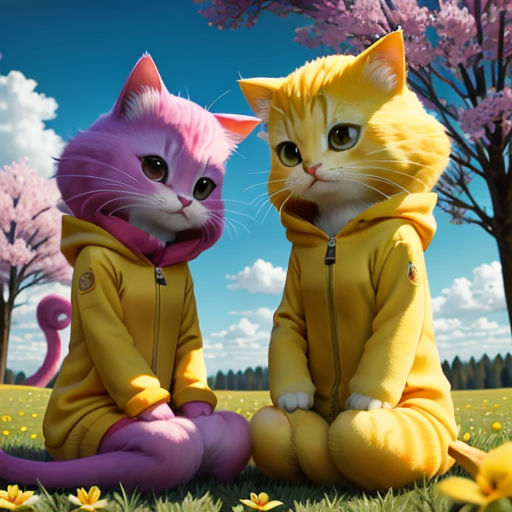 two cats sitting on the ground in a field of flowers and trees with a cat in the background wearing a yellow hoodie